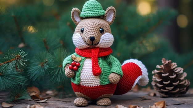 Christmas toy knitted squirrel Handmade knitted toy created with Generative AI technology