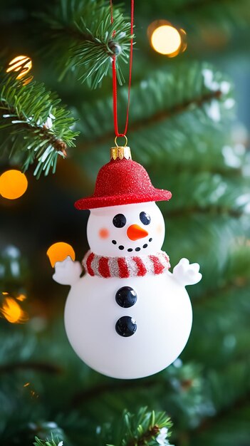 Christmas toy snowman hanging on christmas tree