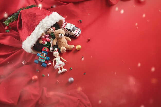 christmas toys fall out of santa hat on red background with copy space christmas content