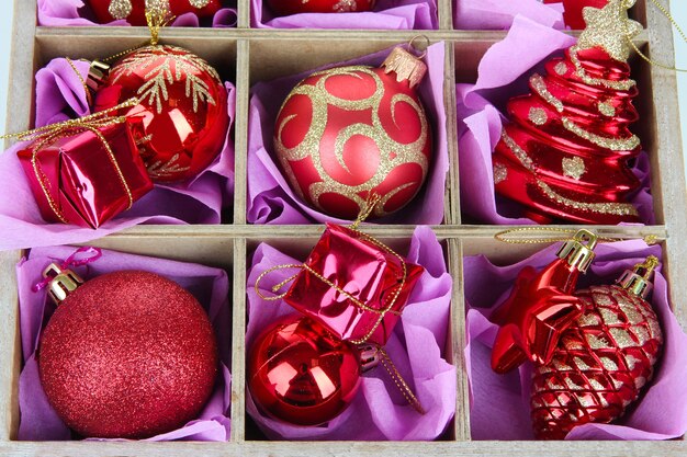 Christmas toys in wooden box close-up