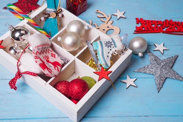 Christmas toys in a wooden box.