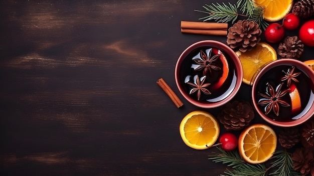 写真 クリスマスの伝統的な温かい飲み物、オレンジ スパイスとシナモンを入れたホットワインのトップ ビュー フラット レイアウト コピー スペース