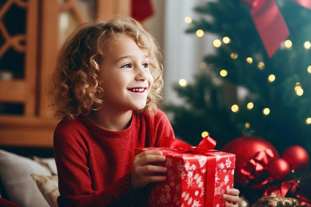 Christmas traditions child with gift and tree