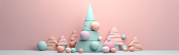 Christmas tree 3D gradient pastel colors web long wide banner background Cute cartoonish candy colors Christmas decoration made with bubbly geometrical forms AI Generative content