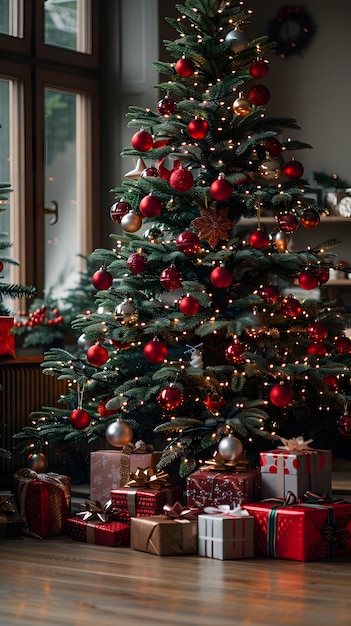 A christmas tree adorned with red and gold ornaments with gifts beneath it