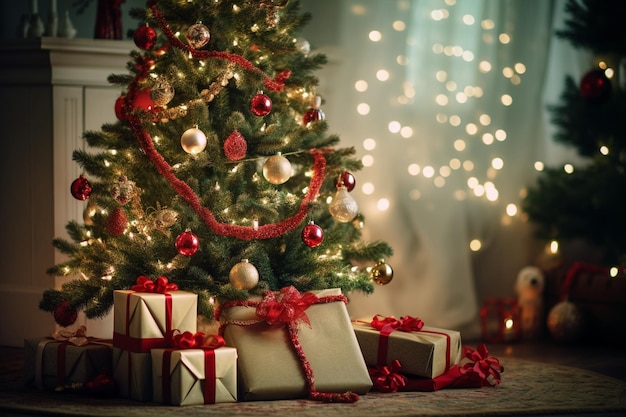 Christmas Tree Adorned with Red Ribbon