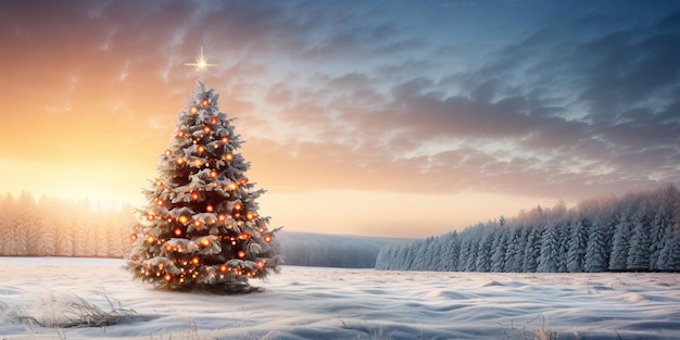 Christmas tree against snowy landscape with fir trees at sunset