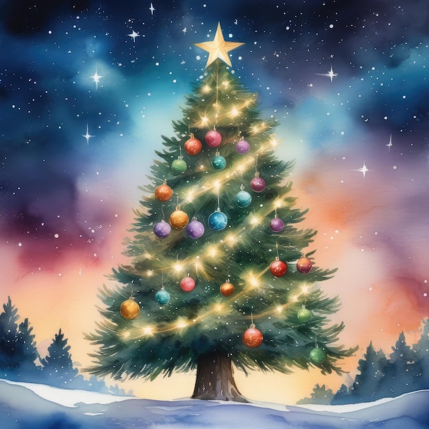 星の空に照らされたクリスマスツリー