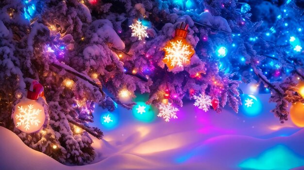 写真 クリスマスツリーとギフトボックス 雪の上で 夜に輝く星と森 冬の抽象的な風景