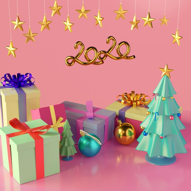 Фото Рождественская елка и подарочные коробки с блестящей мяч и отражения на полу.