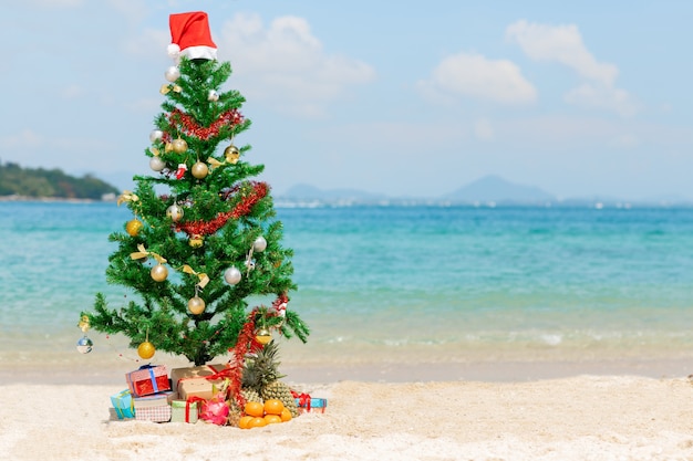 写真 クリスマスツリーとビーチの背景上のギフト