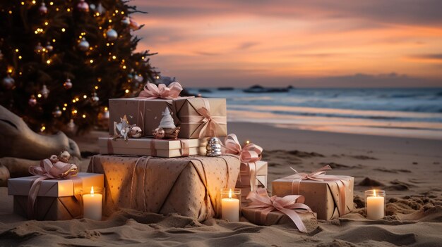 写真 クリスマスツリーと金色のプレゼント 大きな赤い弓で 海の砂浜で クリスマス休暇のコンセプト