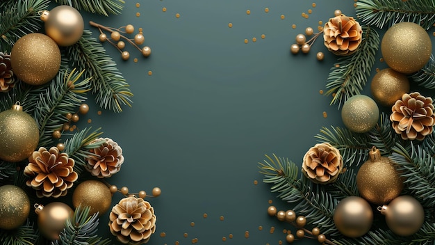 Photo christmas tree background fir tree branches with fir cones and golden christmas decorations backgrou