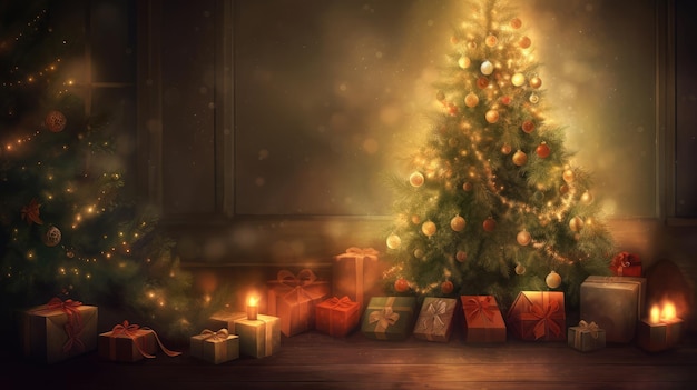 Christmas tree background with a beautifully decorated room wrapped presents and glowing lights