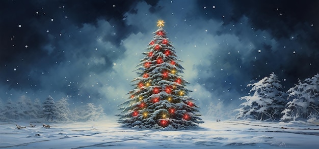 Christmas tree background with snow falling