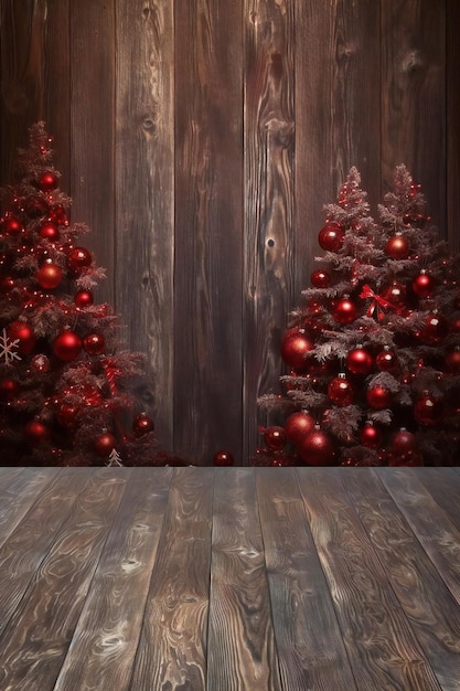 Christmas tree on the background of a wooden wall Christmas background