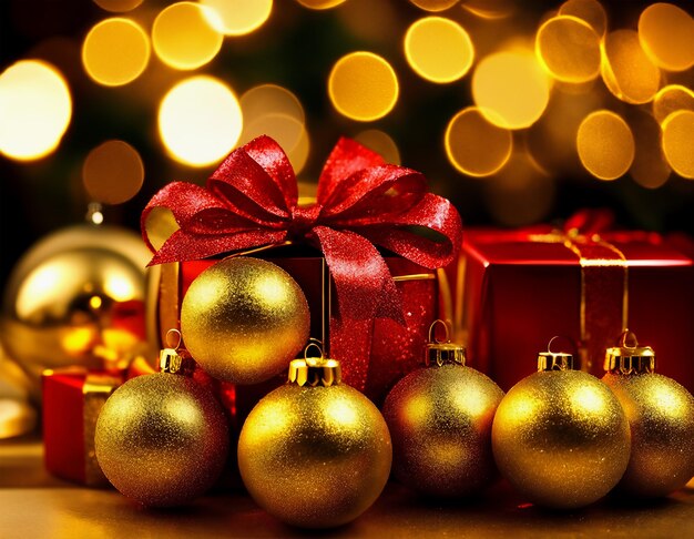 ボケ背景のクリスマスツリーのボールとプレゼントのクローズアップ