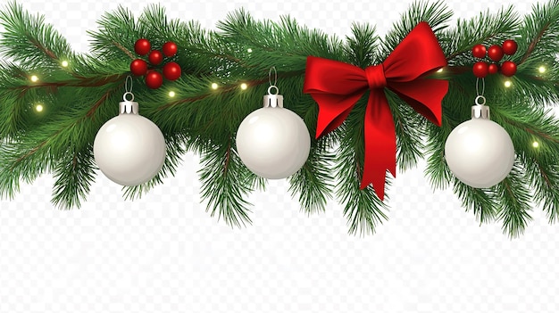 白い背景に隔離されたクリスマスツリーのボールと緑の杉の枝