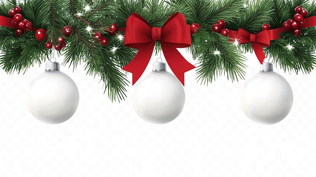 白い背景に隔離されたクリスマスツリーのボールと緑の杉の枝
