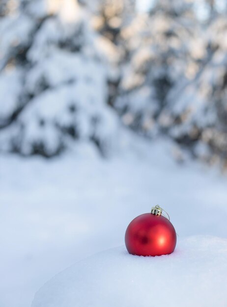 Christmas tree balls on white snow Christmas card Soft focus