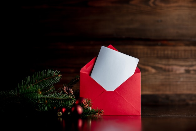 Christmas tree and baubles with envelope