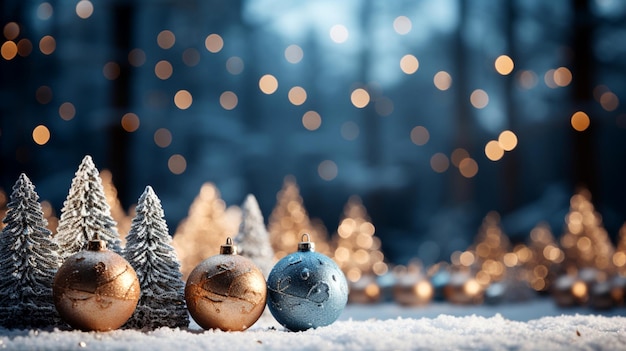 Christmas Tree Baubles with golden and silver ornaments and Snowy Pine Trees AI Generative