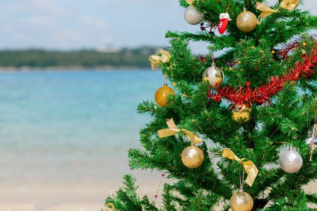 Foto albero di natale su sfondo spiaggia. destinazione di vacanza.