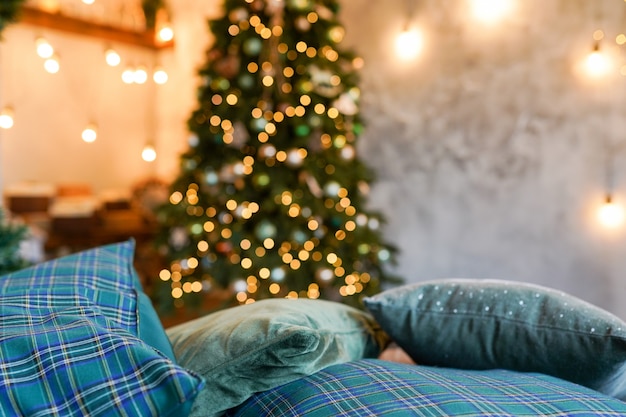 Christmas tree in bedroom , new year home interior