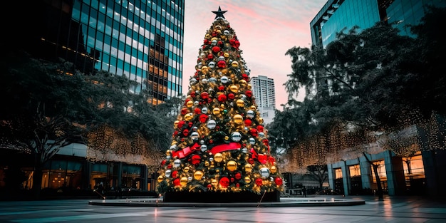 Christmas tree in a big city with bright decorations and lights