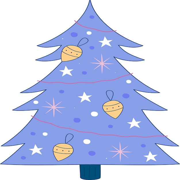 Christmas tree blue spruce decorated with star balls and baubles hand drawn winter holiday