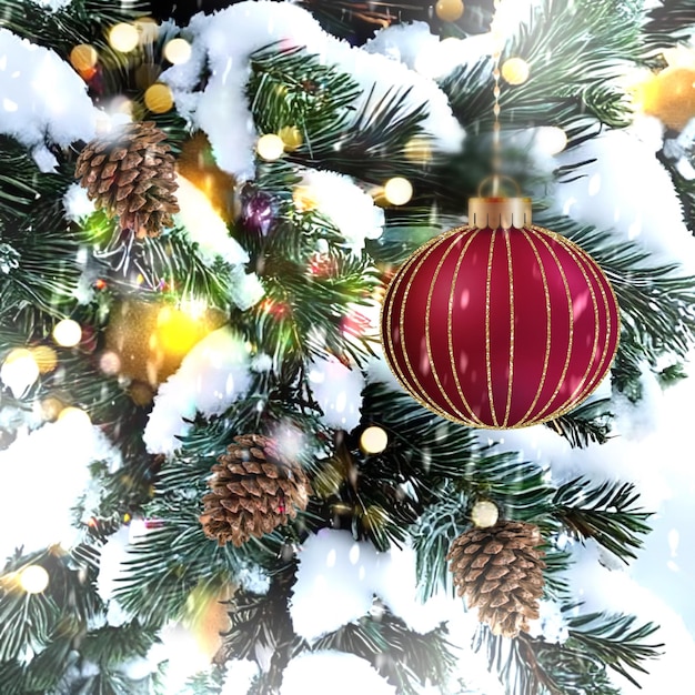 Christmas tree branch covered by snow and festive illumination light and  ball gold confetti