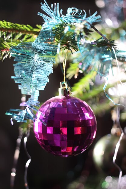 Christmas tree branch decorated with colorful ball