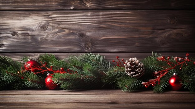 Christmas tree branch decoration on a wooden surface top view