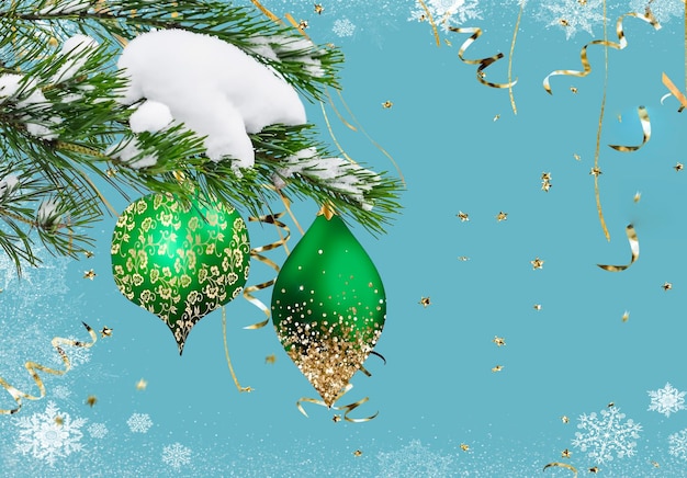 Christmas   tree branch with cone  green ball and gold confetti on snowy   blue   bakcground