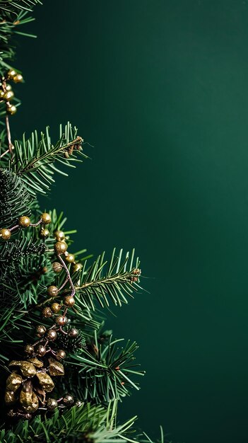 Christmas tree branch with garland in front of green