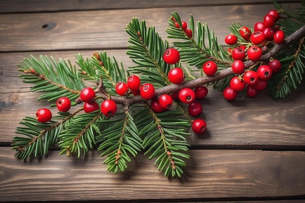 Christmas tree branch with red berries wooden background Festive decoration Winter holidays