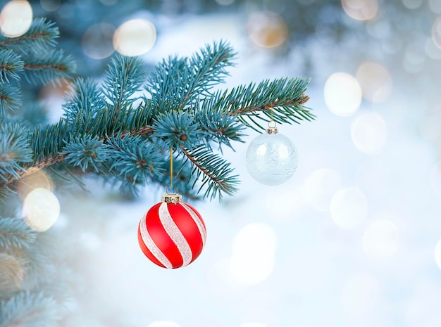 Christmas tree branch with red Christmas ornaments on bokeh background