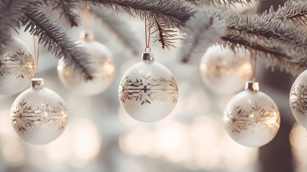 Christmas Tree Branch with Shiny Ornaments and Lights