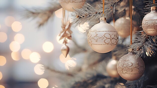 Christmas Tree Branch with Shiny Ornaments and Lights