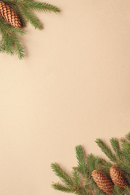 Christmas tree branches on brown paper background spruce twigs and cones flat lay copy space