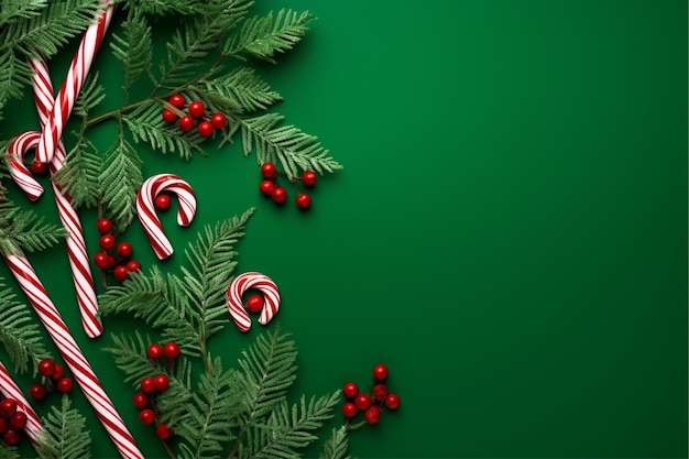 Christmas tree branches and candy canes on a red background with copy space flat lay