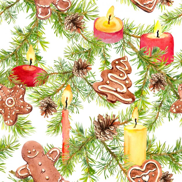 Christmas tree branches, gingerbread cookies, pine twigs and glowing candles. Seamless pattern