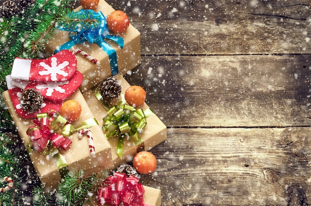 Christmas tree Branches on old boards