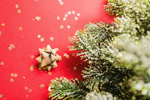 christmas tree branches on red background with confetti