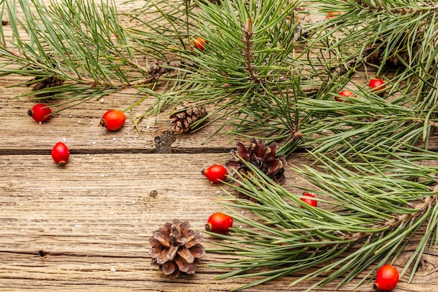 Christmas tree branches with berries and pine cones