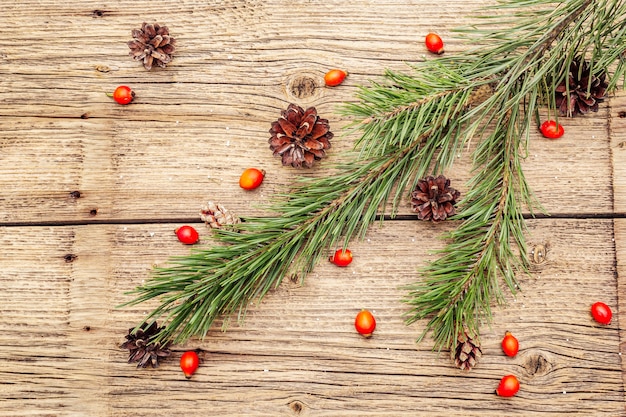 Christmas tree branches with berries and pine cones