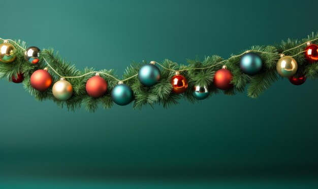 Christmas tree branches with colorful baubles on a green background