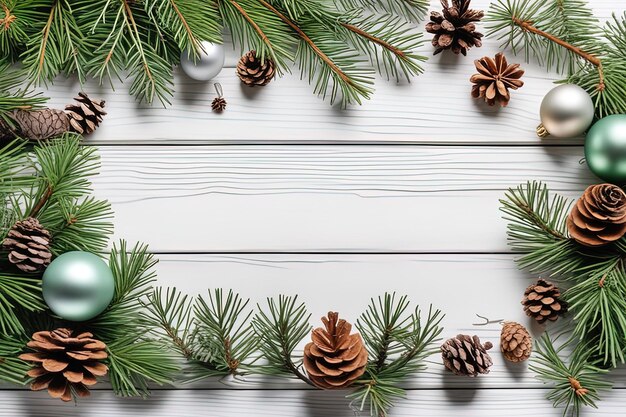 Рождественские ветви с конусами на деревянной доске с рождественским шаром на белом фоне