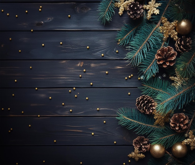 Photo christmas tree branches with fircones gold stars and beads on dark wooden background