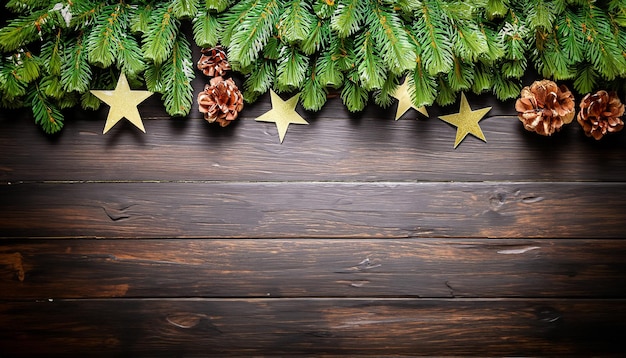 Christmas tree branches with fircones gold stars on dark wooden background